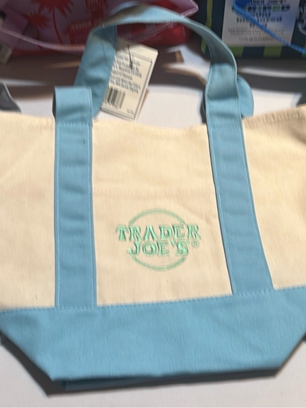 Trader Joe's Cream and Light Blue Canvas Tote Bag